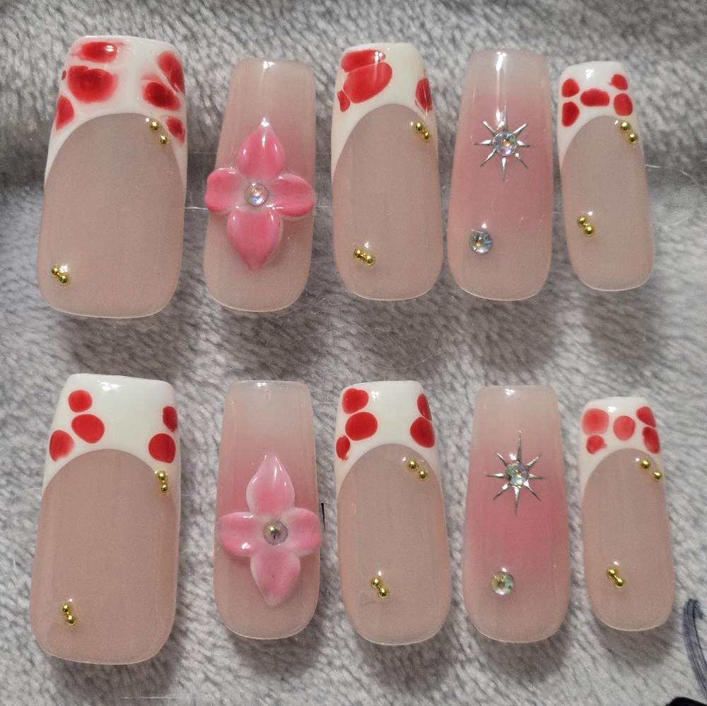 Handmade Pink Floral French Tip Press-On Nails | 3D Flower, Medium Length Square